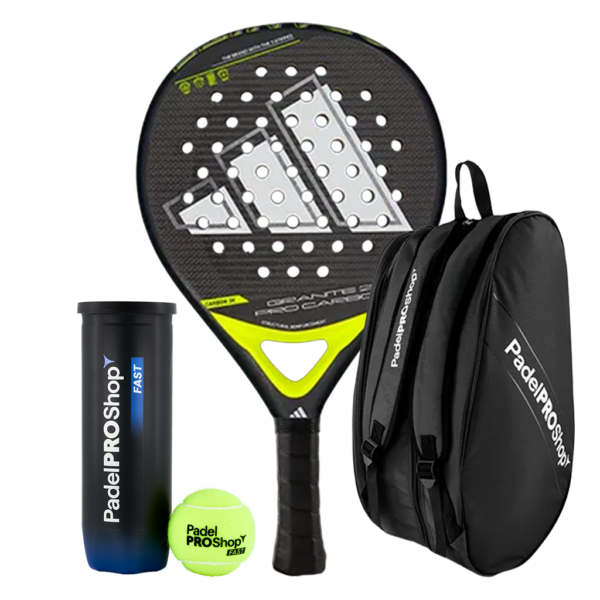 Adidas Padel Schläger Set Granite 2.0 Pro Carbon + Padel-Taschen PadelPROShop + PadelPROShop Padelbälle Fast